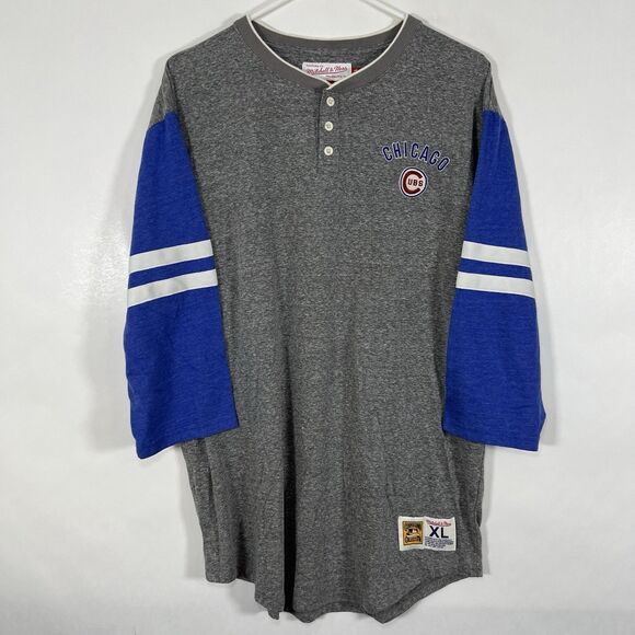 Chicago Cubs Mitchell & Ness Henley Baseball T Shirt Mens XL Gray Blue Raglan - Picture 1 of 12